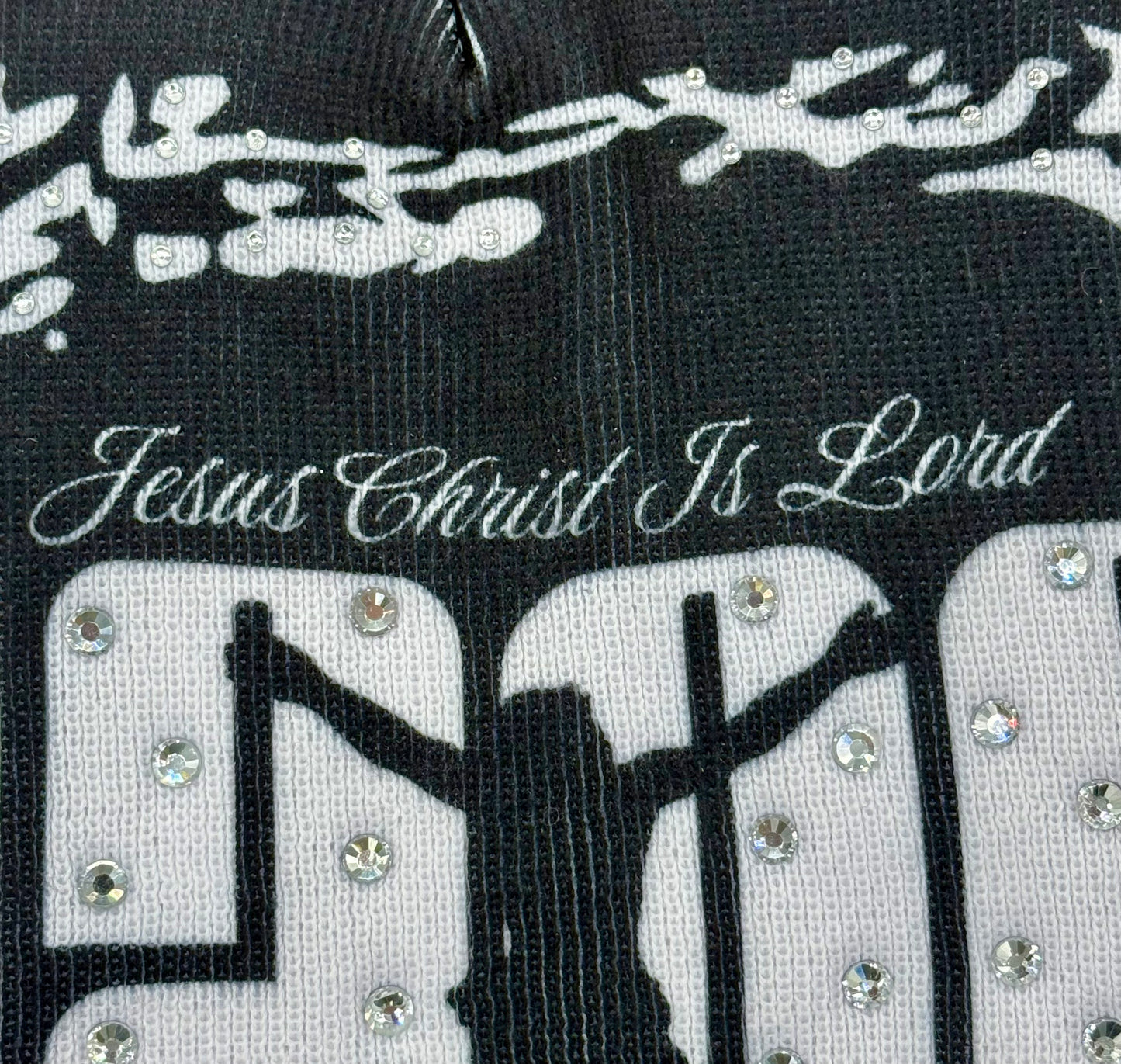 Jesus Print Beanie With Rhinestones