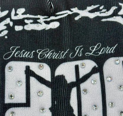 Jesus Print Beanie With Rhinestones