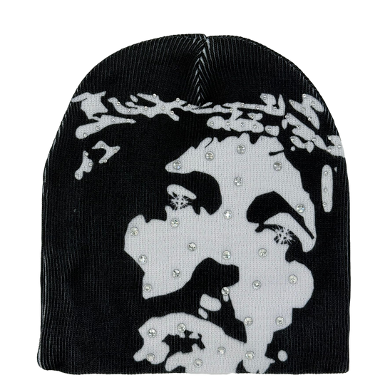 Jesus Print Beanie With Rhinestones
