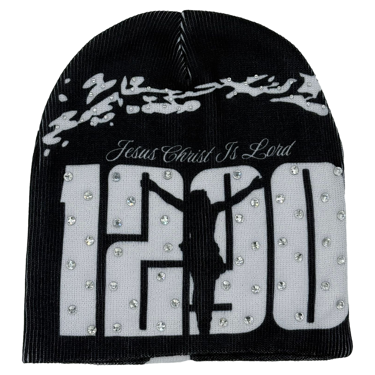 Jesus Print Beanie With Rhinestones