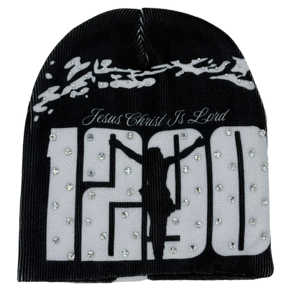 Jesus Print Beanie With Rhinestones